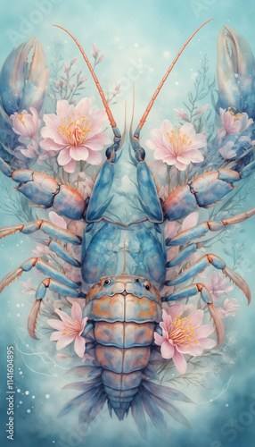 Cancer zodiac lobster surrounded by pink flowers and blue water photo