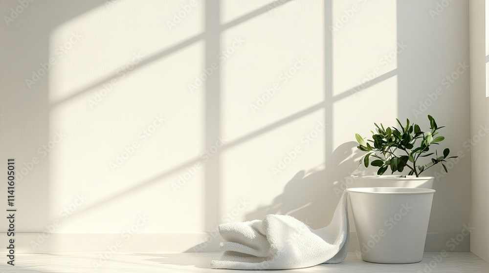 Fototapeta premium Minimalist room with a white bucket and a soft towel, bathed in natural light for a fresh and clean look.
