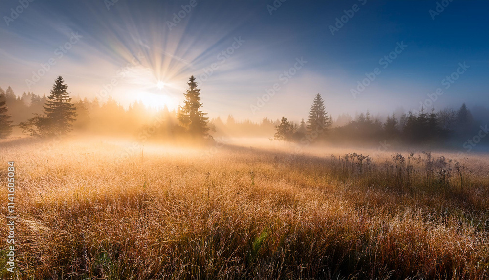 Sunlight breaks through thick fog in a meadow, casting soft rays on tall grass. Creating a peaceful, dreamlike atmosphere for nature themed designs. Generative ai Sunlight breaks through thick fog in a meadow, casting soft rays on tall grass. Creating a peaceful, dreamlike atmosphere for nature themed designs. Generative ai