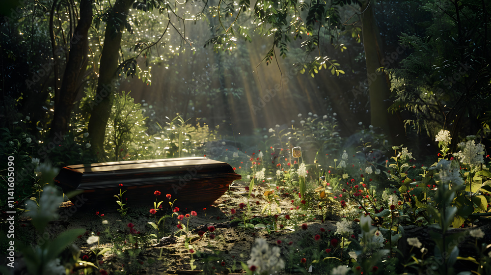 Tranquil Burial Scene with Wooden Coffin in Serene Natural Setting Adorned with Flowers Tranquil Burial Scene with Wooden Coffin in Serene Natural Setting Adorned with Flowers