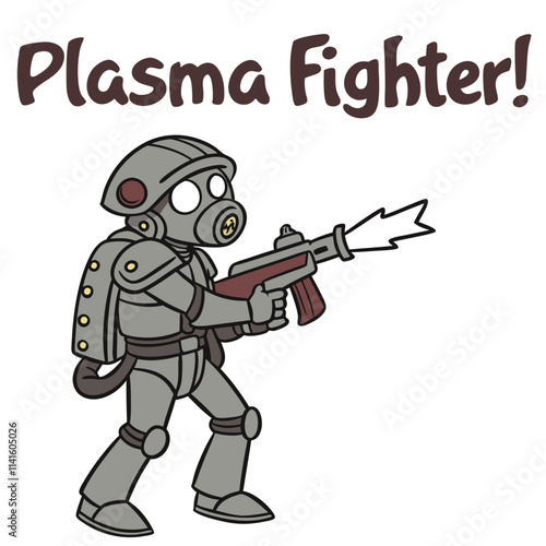 Cartoon Character in Gas Mask Holding Plasma Gun in Action Pose with Fun Typography