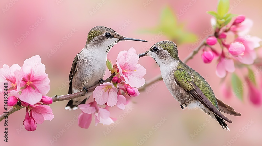 Fototapeta premium Two hummingbirds perched on a blossoming branch with pink flowers.