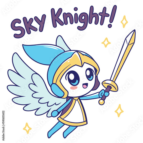 Cute Cartoon Sky Knight with Wings and Sword in a Playful and Colorful Design