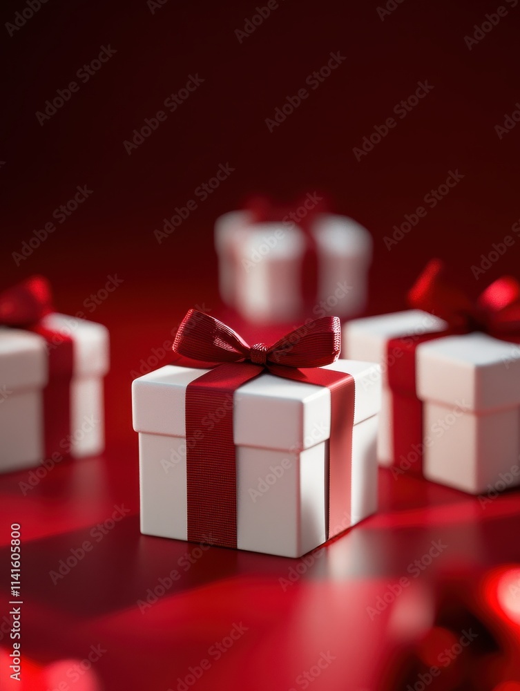 Fototapeta premium Group of small gifts wrapped with red ribbon on white table with copy space. Five little presents for christmas or birthday party. Set of gift boxes over a red shiny background.