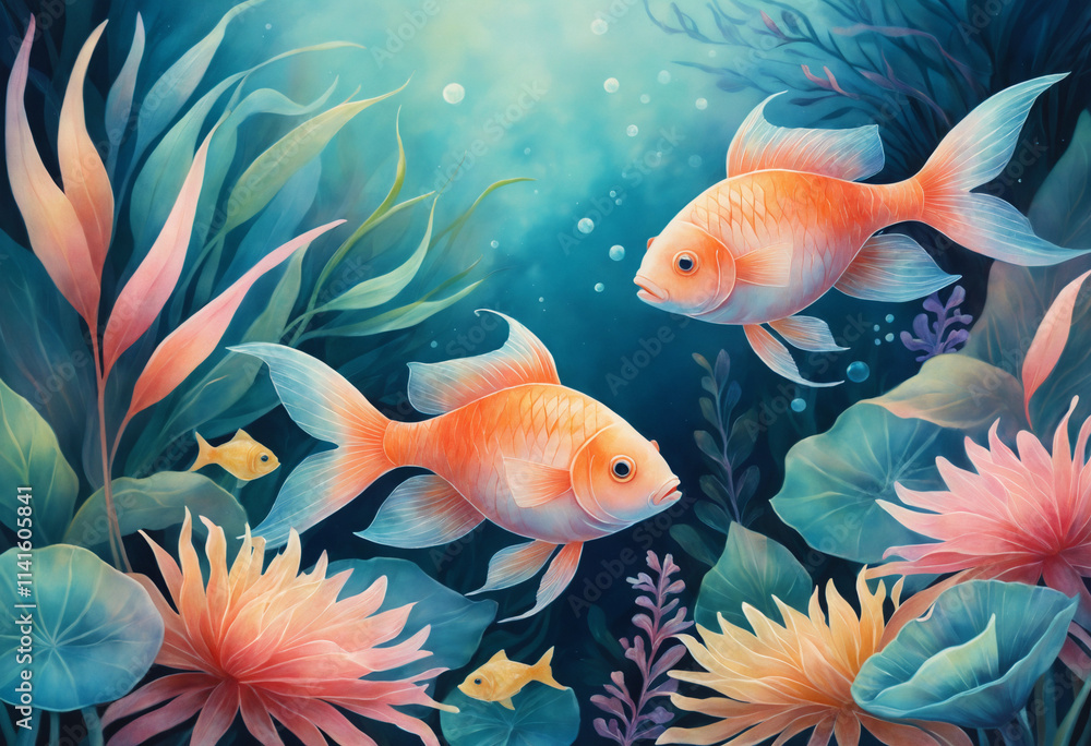 Pisces zodiac sign with two golden fish in underwater scene Pisces zodiac sign with two golden fish in underwater scene