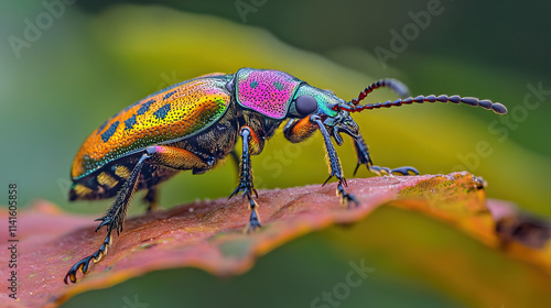  A colorful beetle with shiny exoskeleton sitting on a green leaf with blurry natural background