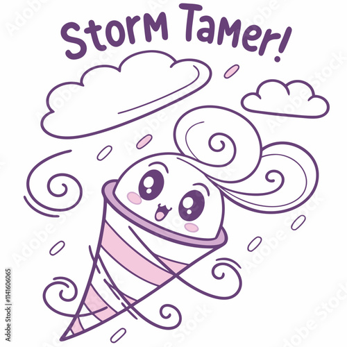 Cute Cartoon Character with Ice Cream Cone and Whimsical Clouds in Playful Style