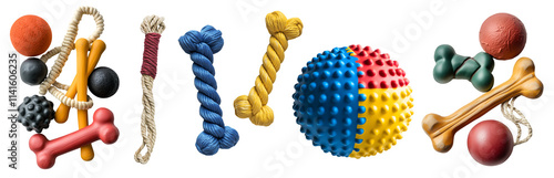 Collection set of toys accessories for animal pet, cat, dog on transparent cutout PNG. Many different chew play teething toy. Mockup template for design	
