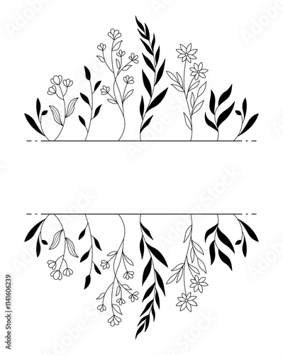 Decorative Floral Border Vector Design Images, Title Name Border flower Hand Draw Decoration, Name Border, leave Hand Draw. branch frame with black flowers. Hand drawn mono line floral background. photo