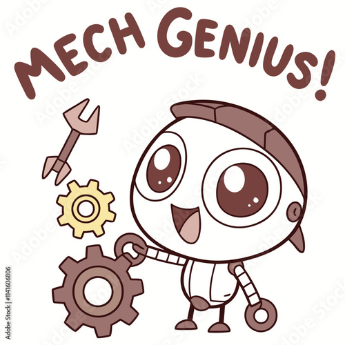 Cute Cartoon Robot Character with Tools and Gears Celebrating Mechanical Ingenuity