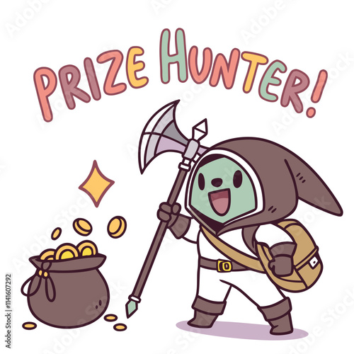 Cartoon Character with Axe and Coins in a Bag Representing a Prize Hunter Adventure