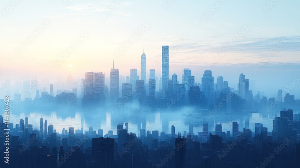 Misty city skyline, sunrise, reflected water. Misty city skyline, sunrise, reflected water.