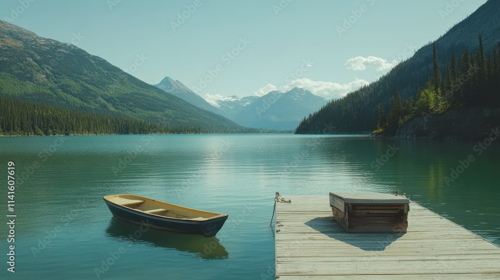 Serene mountain lake view with wooden boat and dock. Serene mountain lake view with wooden boat and dock.