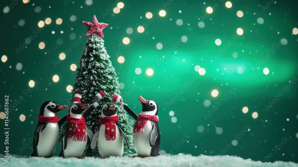 Penguins around Christmas tree with star, snow and lights.
