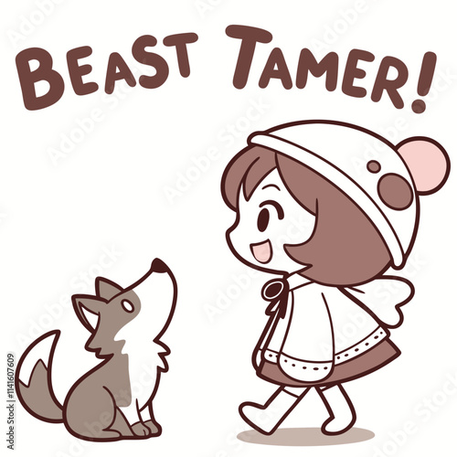 Cute Illustration of a Girl Walking with a Wolf, Text Beast Tamer in Playful Style
