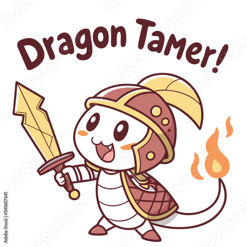 Cheerful Cartoon Dragon Tamer Character Holding Sword with Flame in Hand and Helmet