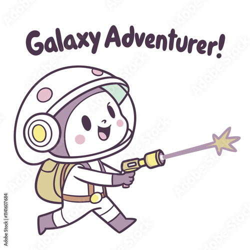 Cute Cartoon Character as Galaxy Adventurer in Space Suit with Blaster on Colorful Background