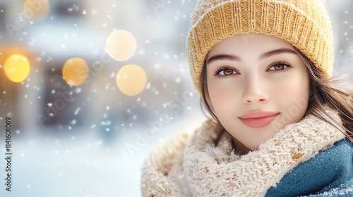 A cheerful young woman smiles warmly while wearing a cozy scarf and hat in a snowy winter setting with gentle snowfall.