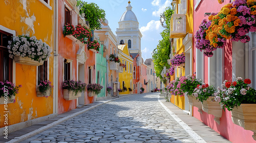Colorful cobblestone street, flowers, church, sunny day, travel brochure, Old Town.