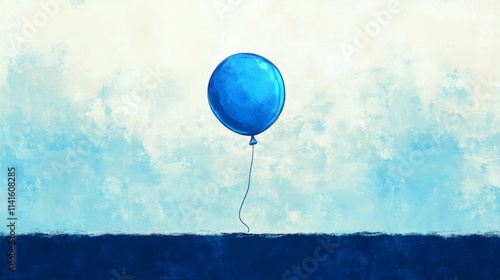 Festive blue balloon floating elegantly in the air with strings attached to its tail and anchored to the ground, creating a charming and celebratory scene perfect for birthday parties and special even photo