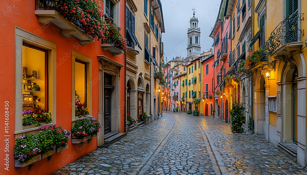 Fototapeta premium Colorful Italian cobblestone street, morning, church background, travel postcard.