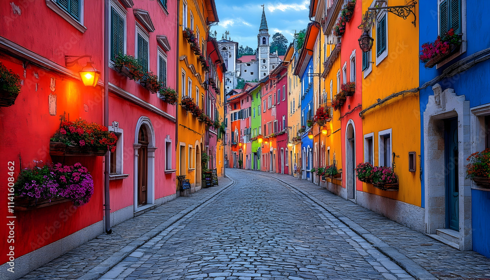 Fototapeta premium Colorful Italian Street, Cobblestone Road, Hilltop Church, Dawn, Travel Poster.