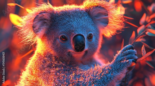 Fiery Sunset Glow: 3D Render of a Koala in its Eucalyptus Habitat. AI Generated photo