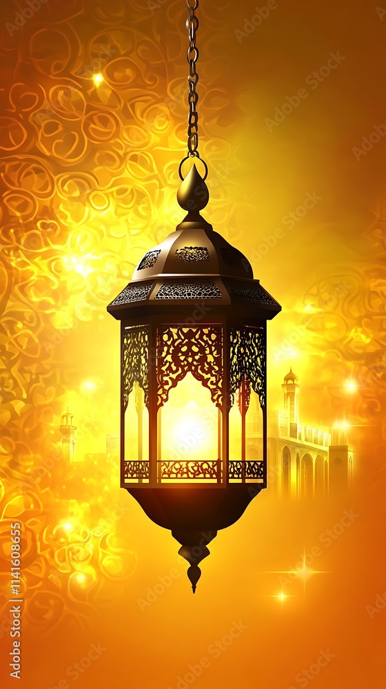 Eid Mubarak and Ramadan Kareem greetings with an Islamic lantern, a mosque in the background against a yellow backdrop. Cute design with a light-shine effect Eid Mubarak and Ramadan Kareem greetings with an Islamic lantern, a mosque in the background against a yellow backdrop. Cute design with a light-shine effect