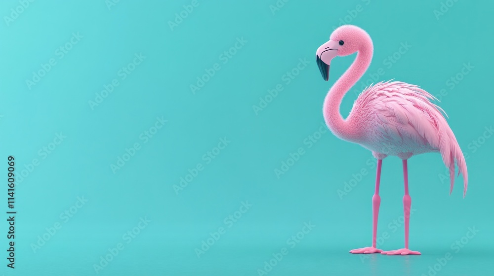 Fototapeta premium Pink flamingo stands against a blue background.