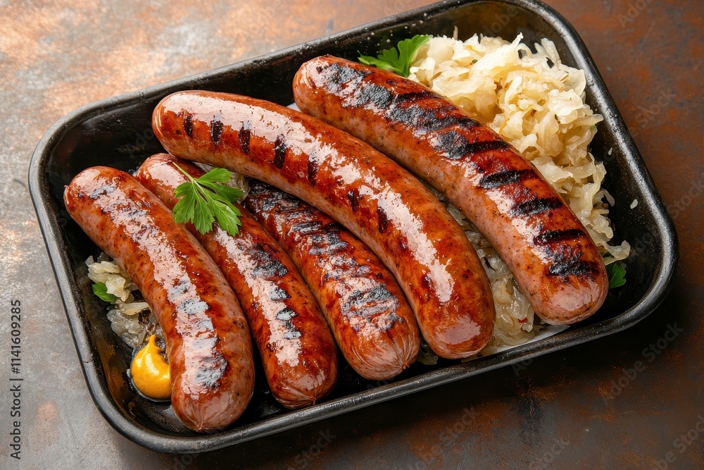 Grilled Sausages Served on a Dark Tray with Sauerkraut and Mustard, Perfect for Summer Barbecues and Delicious Outdoor Gatherings with Friends and Family Grilled Sausages Served on a Dark Tray with Sauerkraut and Mustard, Perfect for Summer Barbecues and Delicious Outdoor Gatherings with Friends and Family