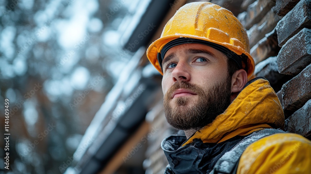 Close-up portrait of a pensive construction worker in a yellow hard hat and jacket, standing outdoors in winter. Close-up portrait of a pensive construction worker in a yellow hard hat and jacket, standing outdoors in winter.