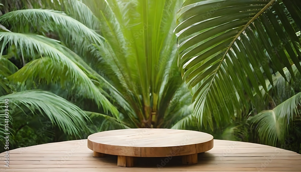 Fototapeta premium cosmetic, desk, display, floor, greenery, jungle, lush, outside, platform, product, promotion, stage, wildlife, placement, rustic, scene, sunlight, 4