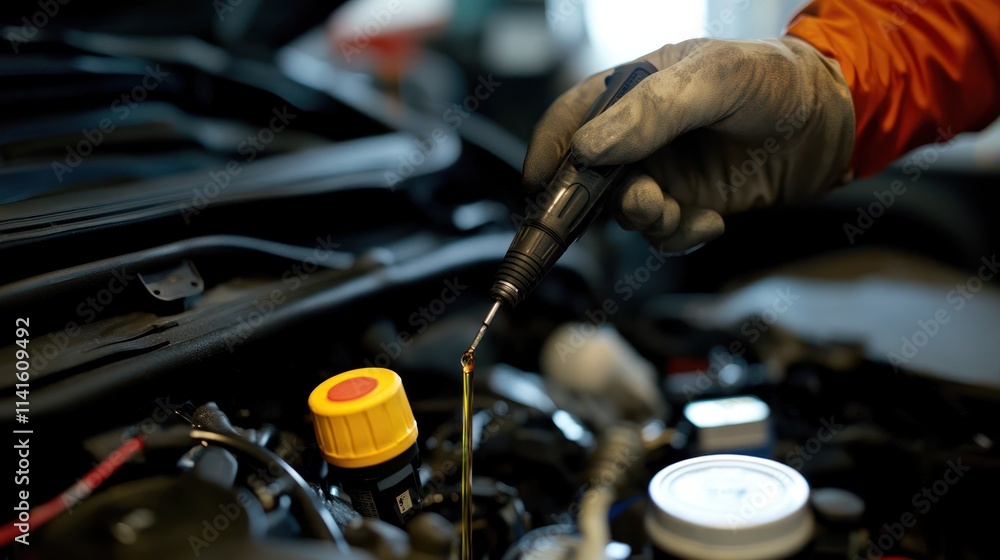 Mechanic checking oil level in a car engine. Mechanic checking oil level in a car engine.