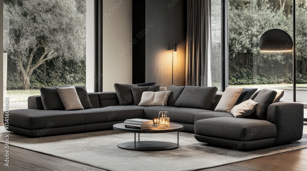 Modern living room with large sectional sofa, rug and lamp. Modern living room with large sectional sofa, rug and lamp.