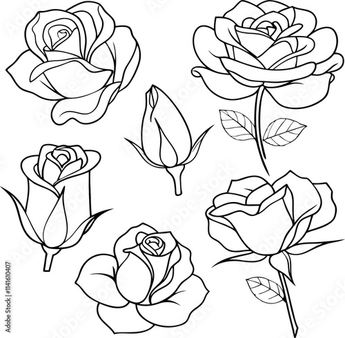 Roses Flat Black Icon Set - Stunning Black and White Rose Illustrations