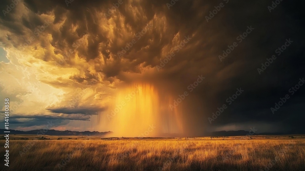 A dramatic landscape showcasing a golden rain shower under dark storm clouds, portraying the beauty and intensity of nature. A dramatic landscape showcasing a golden rain shower under dark storm clouds, portraying the beauty and intensity of nature.