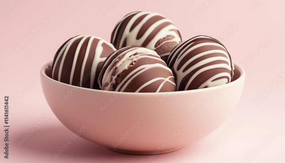 A white bowl with chocolate-drizzled ice cream balls, a light pink background, and small white chips on the floor. A white bowl with chocolate-drizzled ice cream balls, a light pink background, and small white chips on the floor.
