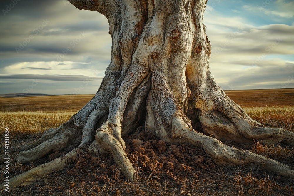Majestic Root System of a Weathered Tree with Textured Bark Against a Dramatic Sky and Expansive Landscape in the Background Majestic Root System of a Weathered Tree with Textured Bark Against a Dramatic Sky and Expansive Landscape in the Background