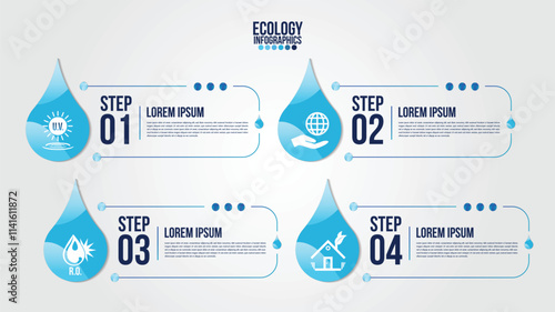 Infographics eco water timeline blue design elements process 4 steps or options parts with drop of water. Ecology organic nature vector business template for presentation.