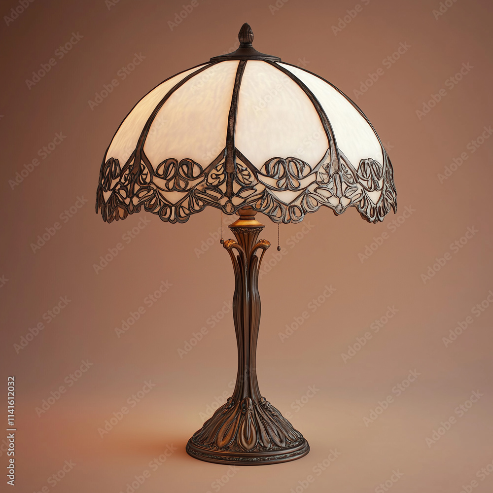 Small Tiffany-style lamp with a white shade, brown metal base, and a lace pattern, isolated on a solid background. Small Tiffany-style lamp with a white shade, brown metal base, and a lace pattern, isolated on a solid background.