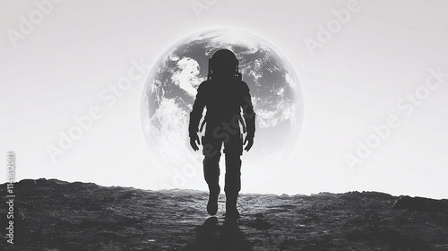 Astronaut Silhouette Walking on Alien Planet with Earth in Background photo