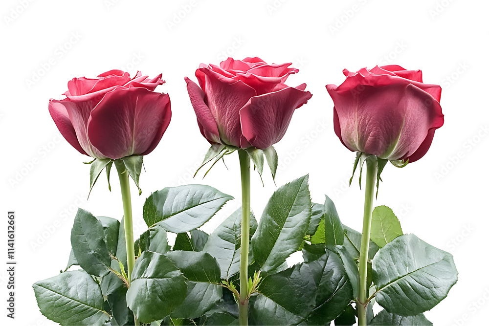 Obraz premium 3 red roses with green leaves, isolated on a transparent background.