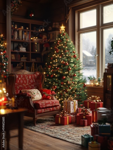 Decorated xmas table with Merry Christmas gifts in cozy Santa home interior, banner. Happy New Year presents boxes in workshop late in night with lights on xmas tree, holiday eve background.
