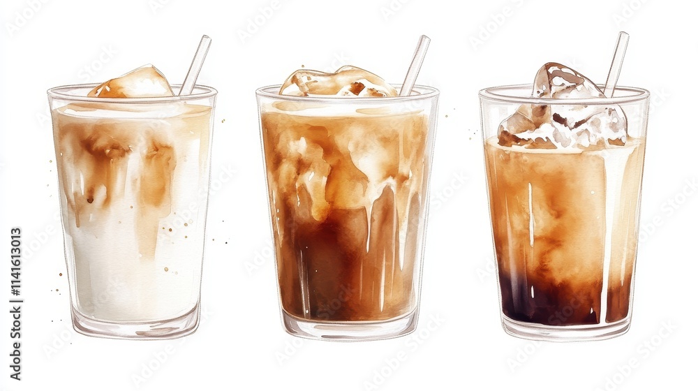 Watercolor of ice coffee in glass,americano coffee,iced cold brew coffee in plastic takeout cup,Ice latte,Drink element,menu Hot and cold coffee beverage,promotion, marketing, banner. Watercolor of ice coffee in glass,americano coffee,iced cold brew coffee in plastic takeout cup,Ice latte,Drink element,menu Hot and cold coffee beverage,promotion, marketing, banner.