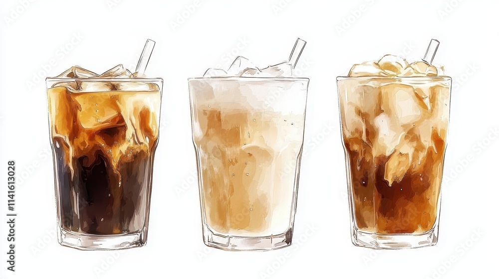 Watercolor of ice coffee in glass,americano coffee,iced cold brew coffee in plastic takeout cup,Ice latte,Drink element,menu Hot and cold coffee beverage,promotion, marketing, banner. Watercolor of ice coffee in glass,americano coffee,iced cold brew coffee in plastic takeout cup,Ice latte,Drink element,menu Hot and cold coffee beverage,promotion, marketing, banner.