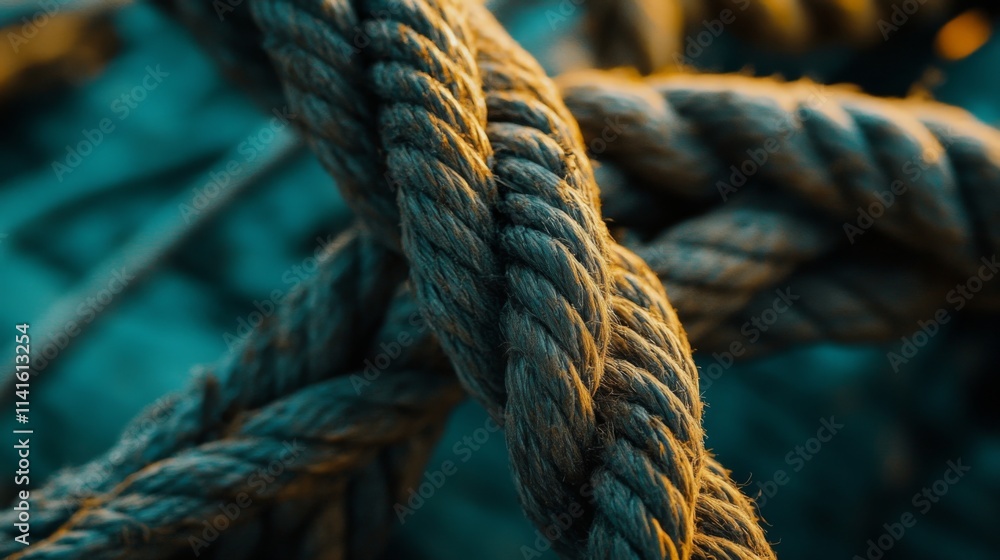 Close-up of a Thick Braided Rope: Texture and Detail in Golden Hour Close-up of a Thick Braided Rope: Texture and Detail in Golden Hour