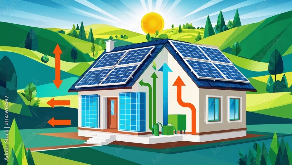 House with solar panels and energy-efficient insulation, arrows showing energy flow and heat retention House with solar panels and energy-efficient insulation, arrows showing energy flow and heat retention