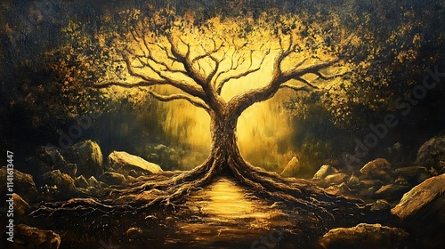 Glowing tree roots painting abstract digital art. AI Generated photo