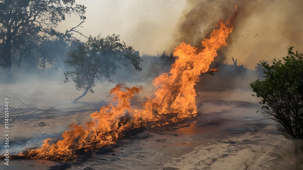Fototapeta premium A wildfire jumping across a dry riverbed, with flames scorching everything in its path