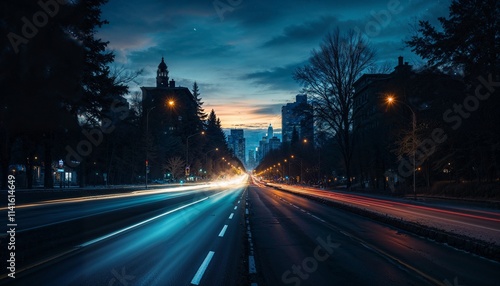 Empty City Street Illuminated by Night Lights During Twilight Background